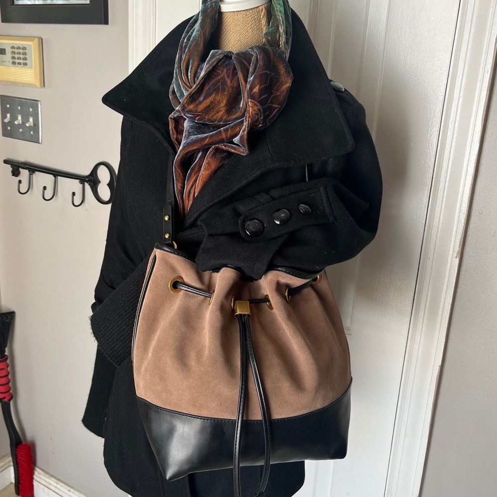 ZARA Brown Suede Bucket Bag Black Leather Trim Drawstring Crossbody Chic City - Picture 7 of 13
